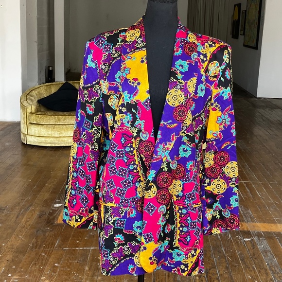 Jeweled tones retro relaxed/loose-fit single button blazer - Picture 2 of 7